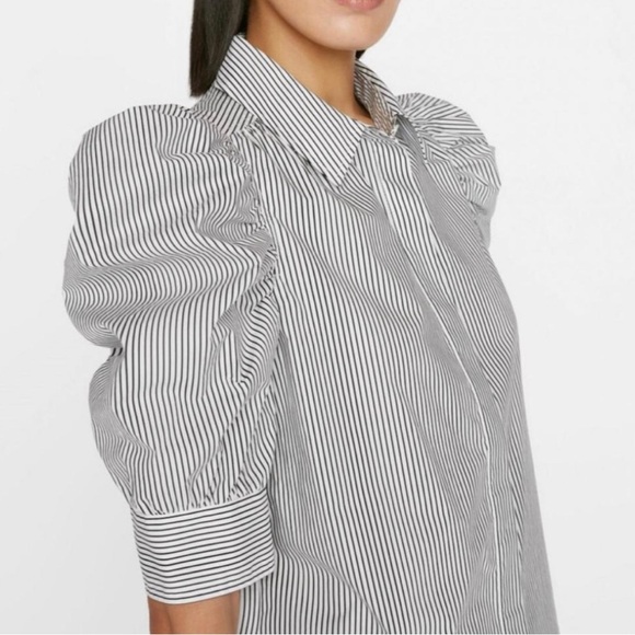 FRAME DENIM Ruched Puff Sleeve Shirt Blouse White with Black Stripes - Picture 3 of 12